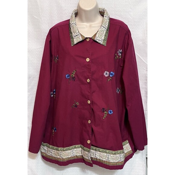 VTG Bobbie Brooks Shirt Jacket Embroidered Floral Womens 22/24W Burgundy Granny - Picture 1 of 9